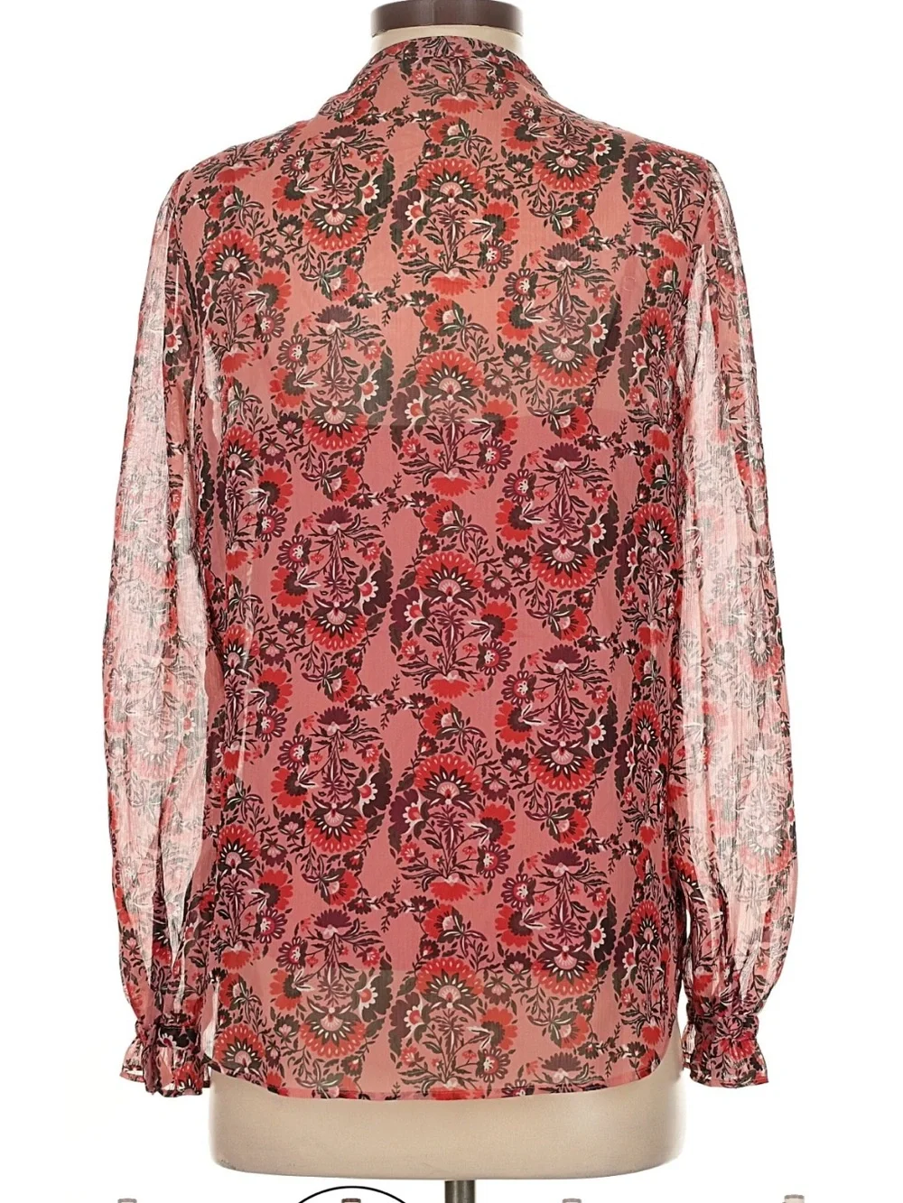 Boden Floral Sheer Ruffle Front Long-Sleeve Blouse in Rose Red Size 4